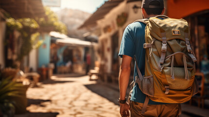 Obraz na płótnie Canvas Rear view photo of a backpacker man