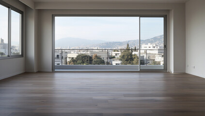 Empty modern living room with huge windows and cityscape