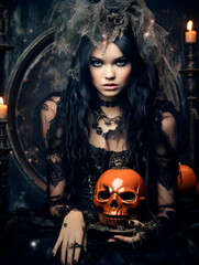 Fototapeta premium Beautiful girl model as a witch with a pumpkin in hands