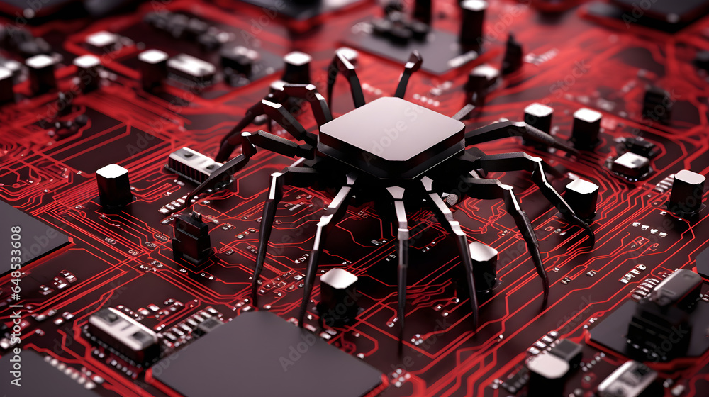 Aufkleber spider insect cpu chip on electronic circuit boards with technology concept with insect illustration