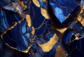 Blue and gold marble stone pattern background, backdrop. Generative AI