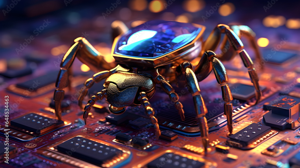 Poster robot insect with beautiful colors on electronic circuit boards with technology concept with insect 