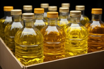 A collection of cooking oil bottles housed in a compact storage box