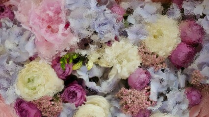 Floral natural blur background with blue gardenia, pink rose, white chrysanthemum close-up