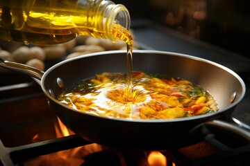 A steaming hot pan receives a stream of food oil for deep frying - obrazy, fototapety, plakaty