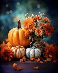 Naklejka na ściany i meble Floral Thanksgiving arrangement with pumpkin on blurry background.