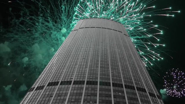 Celebratory fireworks over the Skyscrapers La Defense (4K, time lapse, with zoom), commercial and business center of Paris, France