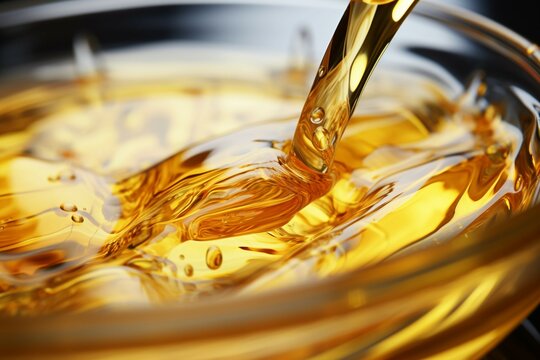 Cooking oil delicately cascades into a glass bowl in a captivating closeup