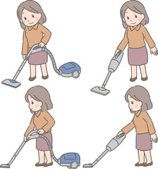 掃除機をかける若い女性（私服）