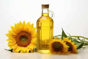 Isolated on white a radiant sunflower oil bottle beside a vibrant sunflower