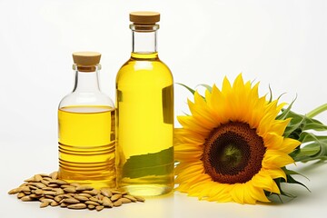 Isolated on white a radiant sunflower oil bottle beside a vibrant sunflower