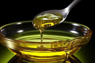 Macro shot displays olive oil gracefully filling a glistening spoon's concave