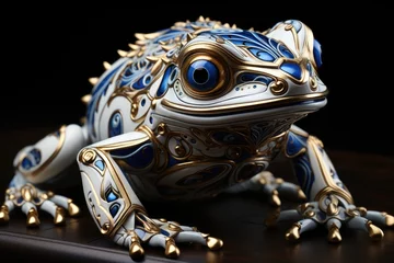 Wandaufkleber A blue and gold frog figurine sitting on a table. Photorealistic AI. © Friedbert