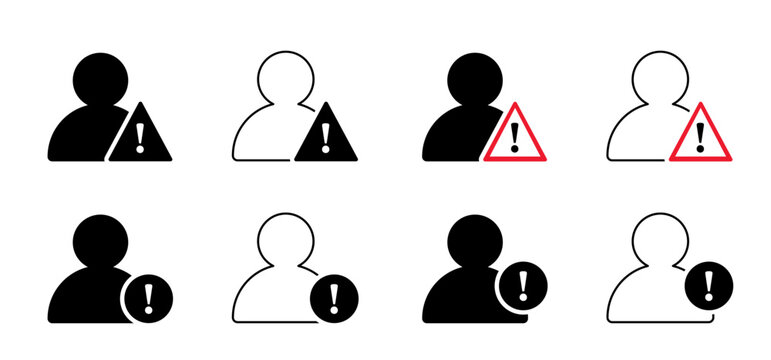 Stickman or stick figure man icon. Account verified warning error, warning, alert and issue user icon.. Attention sign. Group important notice. Fake, profile account. Invalid user profile symbol.