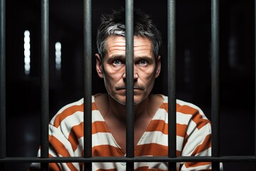 A sad prisoner in jail holding bars