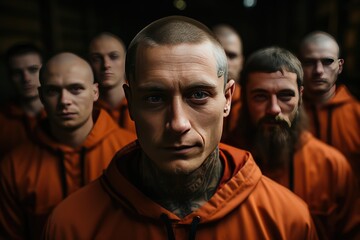 Group of tattooed convicts looking at camera and wearing orange prisoner suits - obrazy, fototapety, plakaty