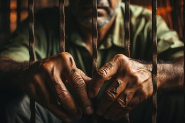 Hands of a prisoner behind bars