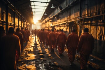 Jailed criminals go for a walk, convicts prisoners - obrazy, fototapety, plakaty