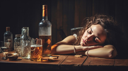 Alcohol addicted woman sleeping at the table
