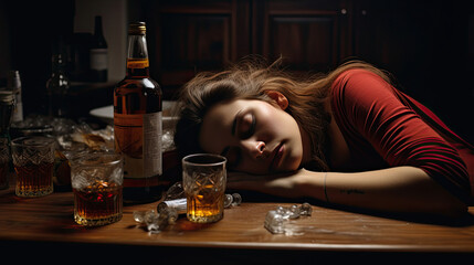 Alcohol addicted woman sleeping at the table