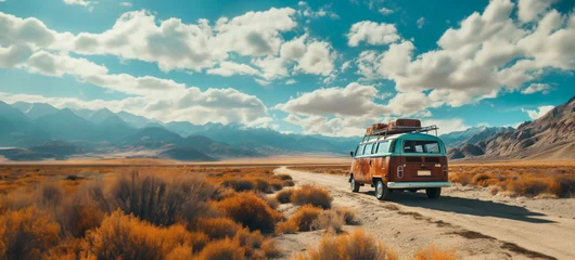 Foto op Plexiglas A vintage van traveling, nomadic escape alone in nature at sunset, on a desert path for a road trip towards adventure, exploration and freedom © mozZz