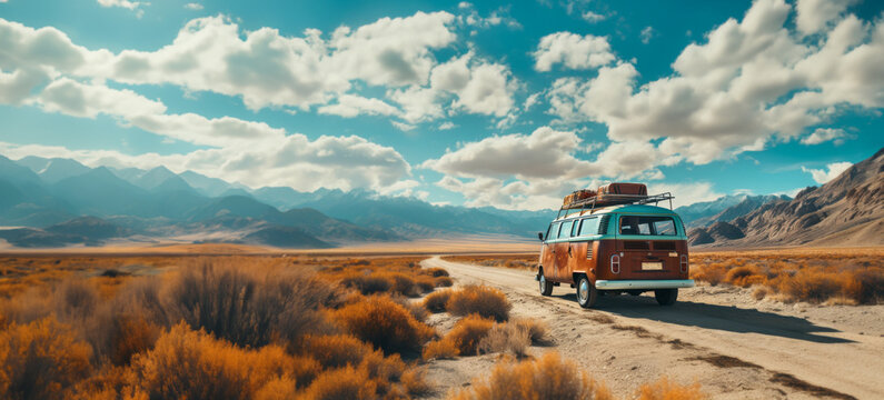 A vintage van traveling, nomadic escape alone in nature at sunset, on a desert path for a road trip towards adventure, exploration and freedom