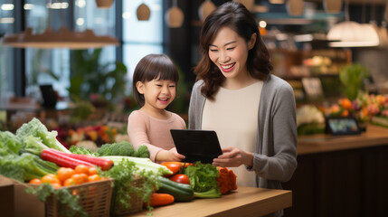 Naklejka premium Family in the supermarket. Beautiful young mom and her little daughter smiling and buying food. The concept of healthy eating. Harvest