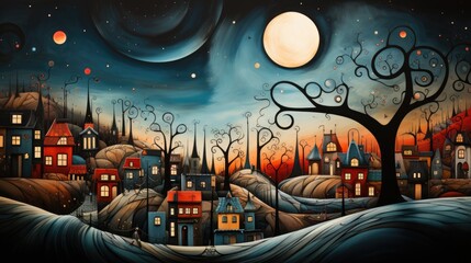 A painting of a town at night with a full moon. Fiction, made with AI.