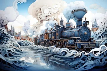 Foto auf Acrylglas A painting of a train on a train track. AI illustration. © Friedbert