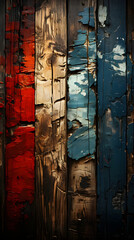 Fototapeta premium Old Distressed Wood Slat Background Wallpaper for Product Placement Advertisement. Painted Stained Weathered Sea Ocean Boards. Red, White, Blue. 9:16 Aspect Ratio.