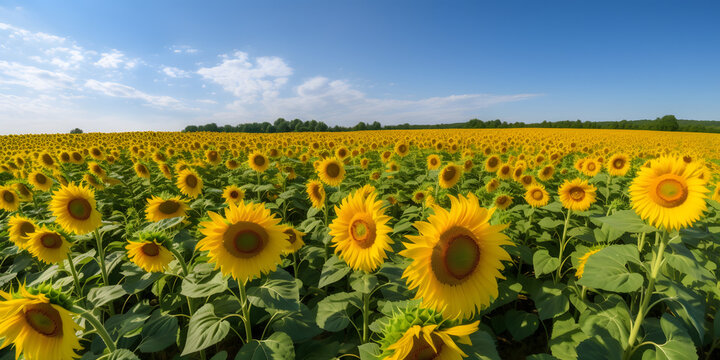 field of sunflowers with a bright blue sky overhead one generative AI