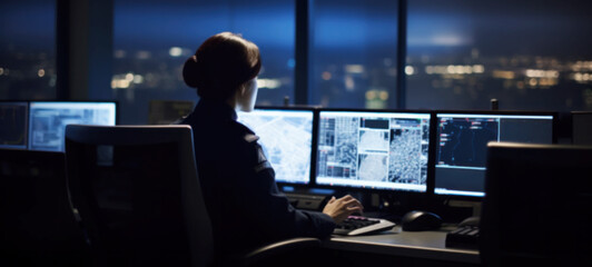 Security guards in security control room with video wall or legal service of danger in office Worker, law patrol, Police Officer's Expertise in an Emergency Call Center, Blurred image - obrazy, fototapety, plakaty