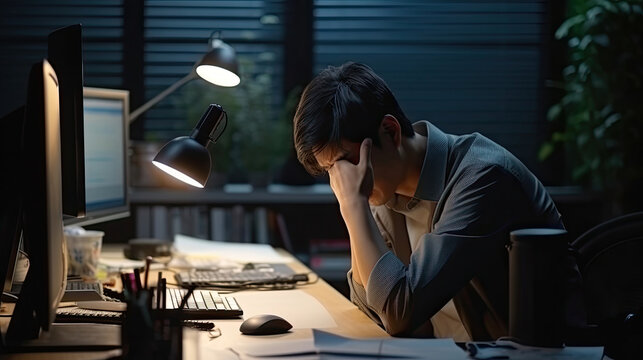 Asian young tired staff officer man using desktop computer having overwork project overnight in office, exhausted unhappy businessman feeling sleepy after after working hard overtime at night.