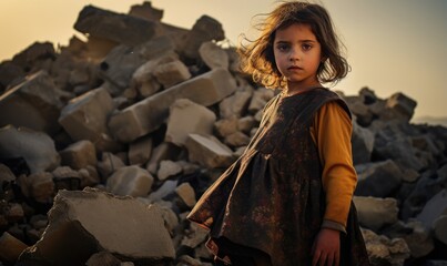 a little girl stands on a pile of stones of her house destroyed by an earthquake