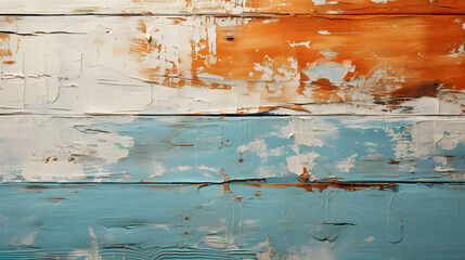 Old Distressed Wood Slat Background Wallpaper for Product Placement Advertisement. Painted Stained Weathered Sea Ocean Boards. Orange, Blue, White. 16:9 Aspect Ratio.