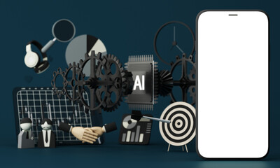 A robot's hand is touching the phone screen and pressing a button to turn on the AI system in the concept of robotic and artificial intelligence technology. 3d rendering on blue background