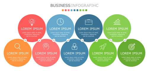 Fototapeta premium Business infographic Vector with 9 steps. Used for information,data,style,chart,graph,sign,icon, project,strategy,technology,learn,brainstorm,creative,growth,stairs,success, idea,text,web,report,work.