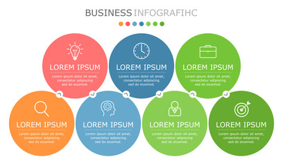 Business infographic Vector with 7 steps. Used for information,data,style,chart,graph,sign,icon, project,strategy,technology,learn,brainstorm,creative,growth,stairs,success, idea,text,web,report,work.