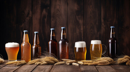 An assortment of craft beers in bottles and glasses, with barley and hops sprinkled around, set against a rustic wood background