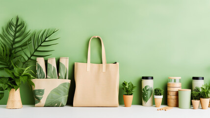 An eco - friendly banner featuring reusable cloth bags, bamboo utensils, and glass containers against a leafy green background