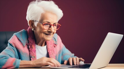 An elderly woman learning to code on a laptop, challenging age - related stereotypes