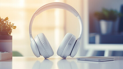 Obraz na płótnie Canvas Banner features minimalist white headphones on a clean desk with soft light, hinting at the clarity of sound