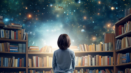 Child in a library, surrounded by books, a universe of stories waiting to be explored