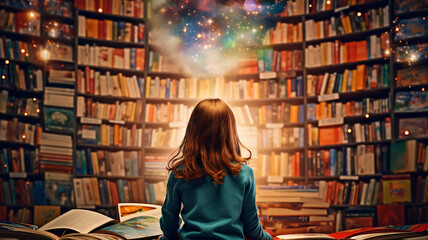 Child in a library, surrounded by books, a universe of stories waiting to be explored - obrazy, fototapety, plakaty