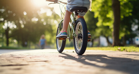 Child learning to ride a bicycle, guardian hands supporting from behind, the thrill of balance
