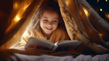 Child reading a book under a makeshift tent of blankets, a flashlight illuminating the pages - obrazy, fototapety, plakaty