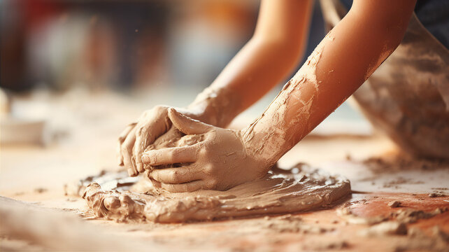 Child sculpting with clay, fingers molding the soft material, creativity taking form