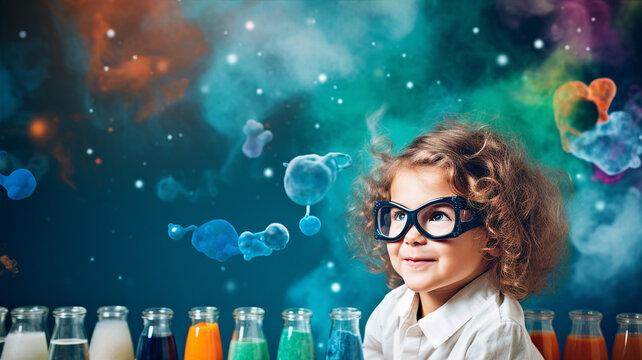 Child with a chemistry set, fascinated by the bubbling concoctions and colorful reactions