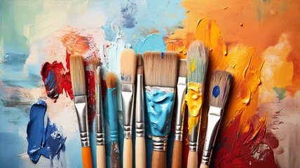 Foto op Plexiglas Displaying a set of artist brushes, paints, and a canvas, capturing the essence of creativity and art © Artyom
