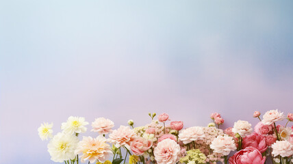 Displaying an array of fresh flowers in bouquets and single stems, sprinkled with dew, set against a pastel background